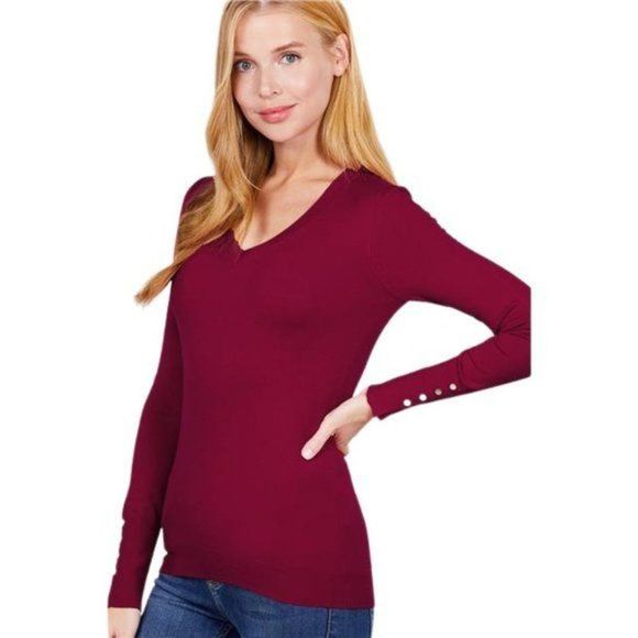 Kimberly Rose Boutique Sweaters - Wine Red Lightweight Viscose V Neck Sweater with Rivet Detail